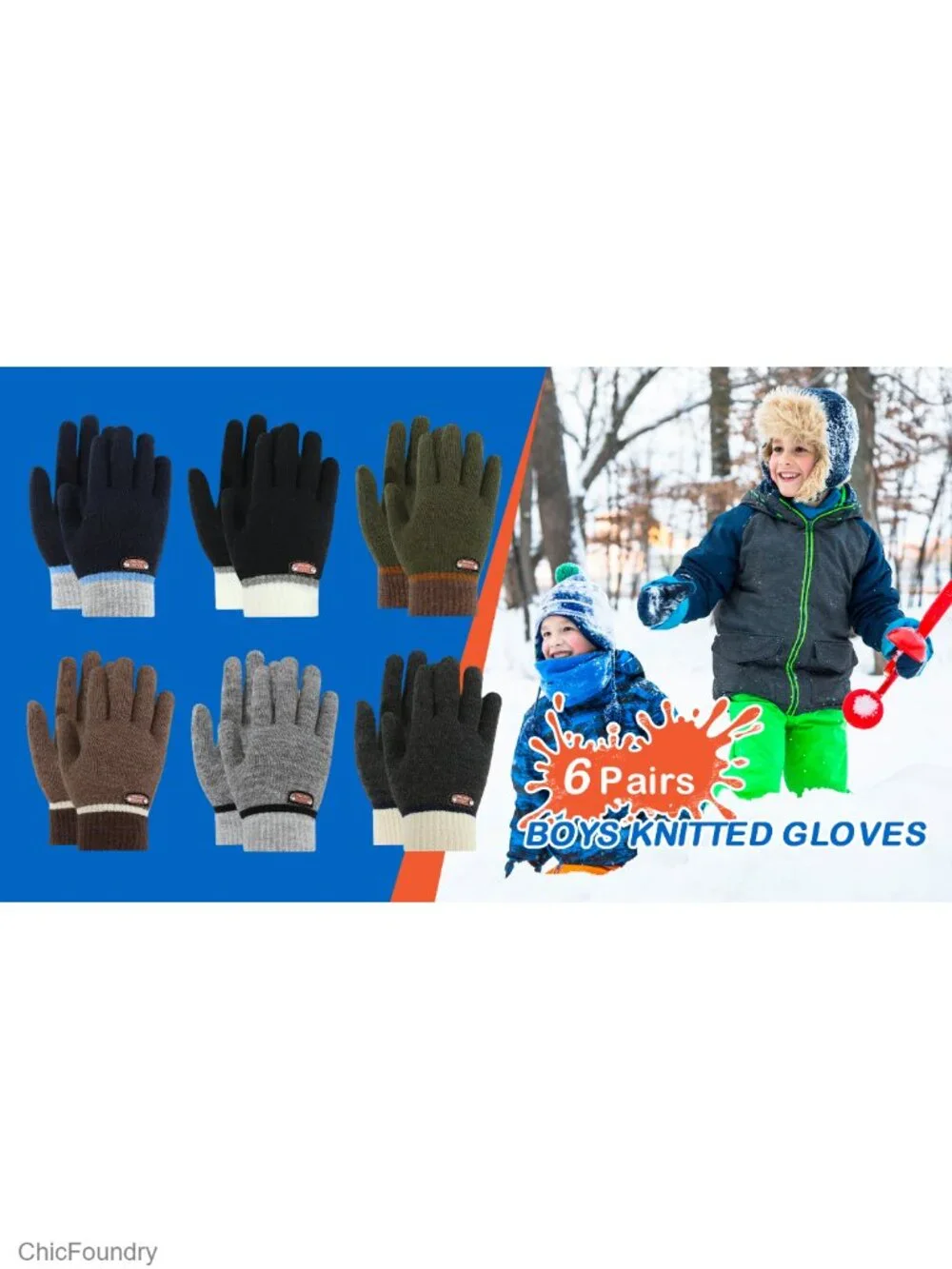6 Pairs Kids Winter Gloves Stretchy Full Finger Knitted Wool Fleece Lined